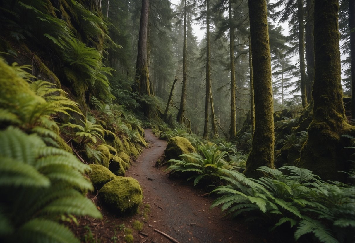 A rugged coastal trail winds through lush forests and rocky cliffs, with panoramic views of the Pacific Ocean. The Juan de Fuca Trail on Vancouver Island offers a challenging and scenic route for trail runners