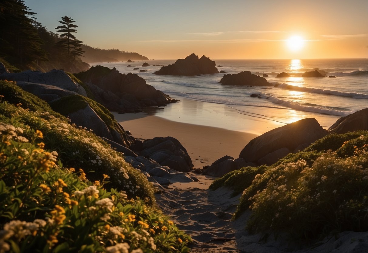 The sun sets over Chesterman Beach Trail, casting a warm glow on the rugged coastline and lush forest, with waves crashing in the distance