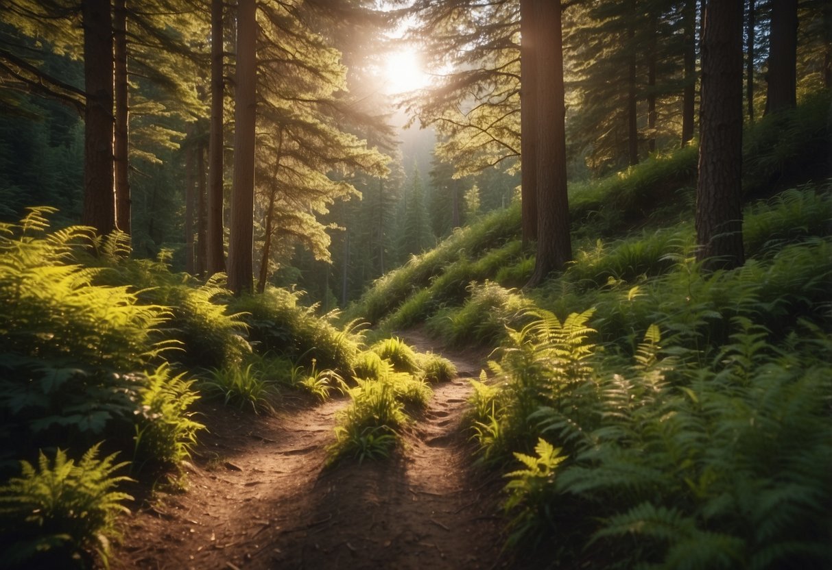 Lush forests, rolling hills, and serene lakes surround the winding trails. The sun casts a warm glow on the vibrant foliage, creating a picturesque scene for trail runners to enjoy