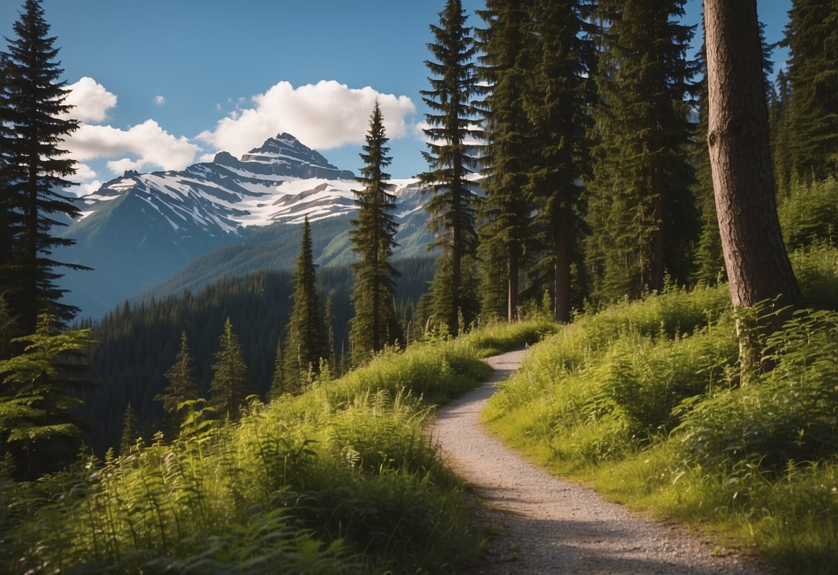 A winding trail cuts through a lush Canadian forest, with towering trees and vibrant foliage lining the path. The trail leads to a breathtaking mountain vista, with snow-capped peaks in the distance