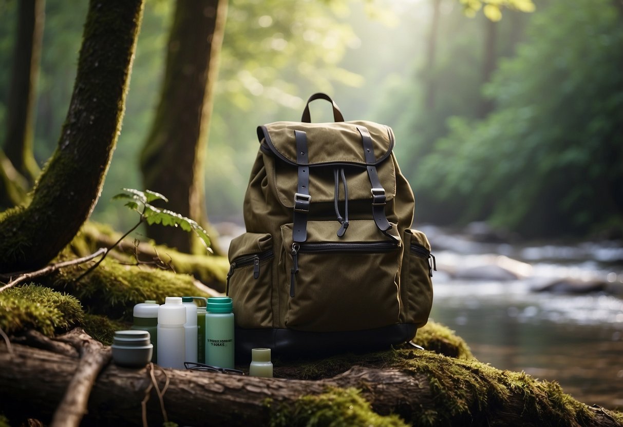 A hiker's backpack with neatly organized hygiene items, hanging from a tree branch. Nearby, a clear stream flows through the forest