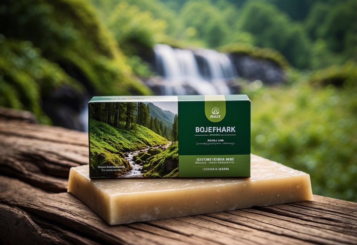 A trail winding through lush green mountains, with a clear stream running alongside. Shampoo bars and eco-friendly packaging scattered on a rustic wooden bench