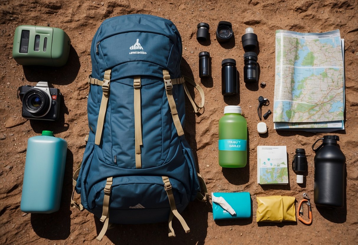 A backpack with hiking gear laid out on a clean, dirt-free trail. Items include a water bottle, sunscreen, insect repellent, and a map