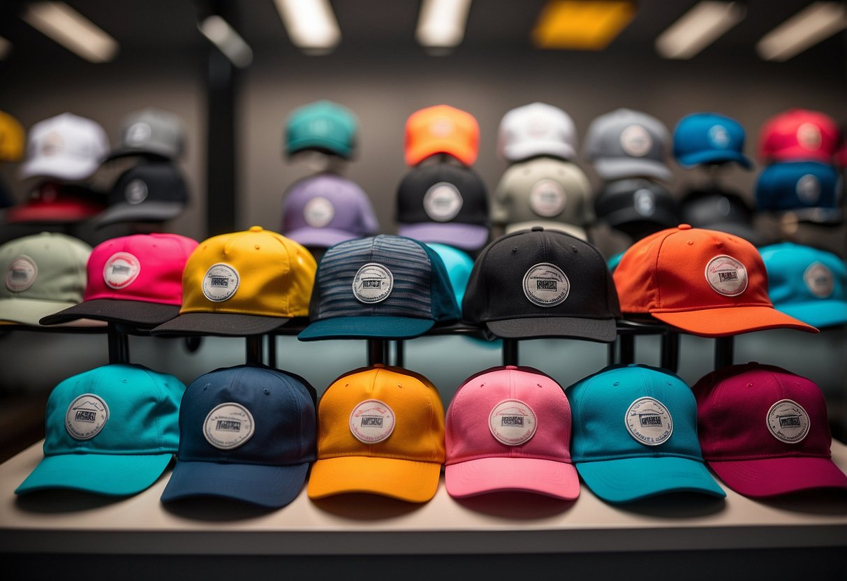 A group of five lightweight running hats arranged neatly on a display stand, with each hat showcasing different colors and designs