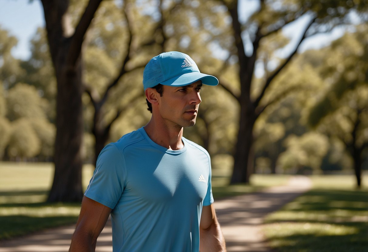 A bright, sunny day with a clear blue sky. A runner wearing an Adidas Superlite Cap, with lightweight fabric and a sleek design, is jogging along a tree-lined path