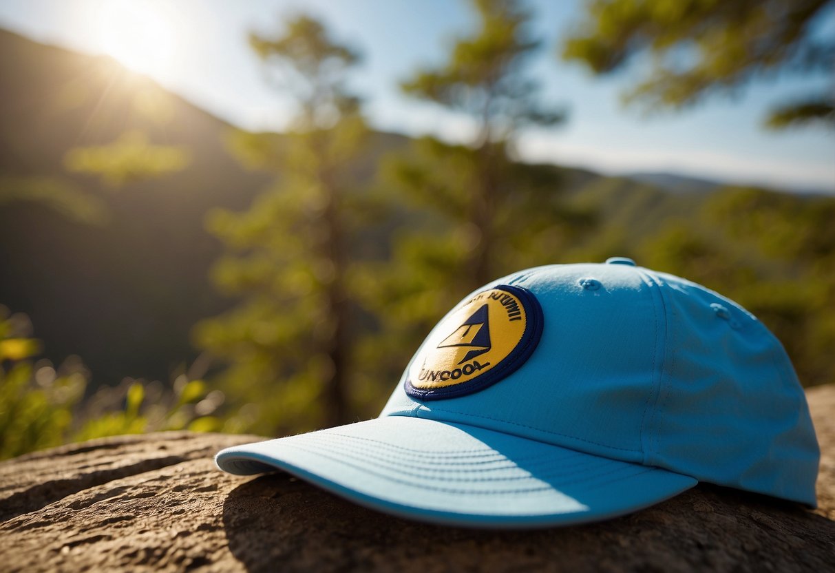 A runner's hat with "Nathan RunCool" logo, lightweight design, and vibrant colors, set against a backdrop of a winding trail and a bright, sunny sky