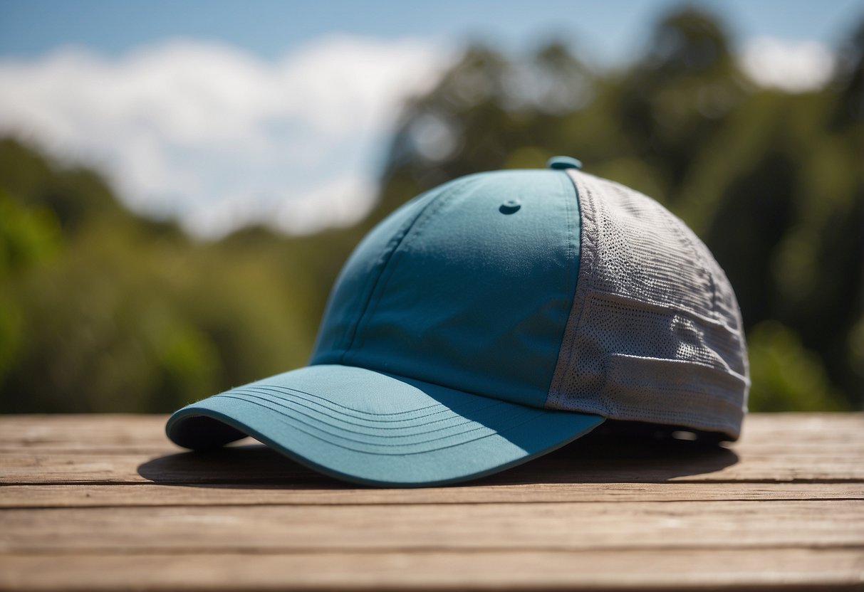 A runner's hat on a sunny day, made of lightweight, breathable material, with a sleek design and adjustable strap