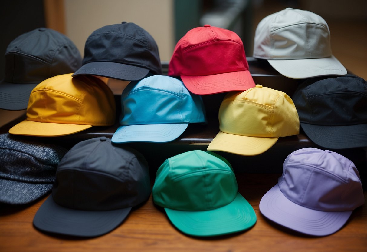 A table with 5 different lightweight running hats, each with unique designs and features. Nearby, a bottle of water and a small brush for cleaning