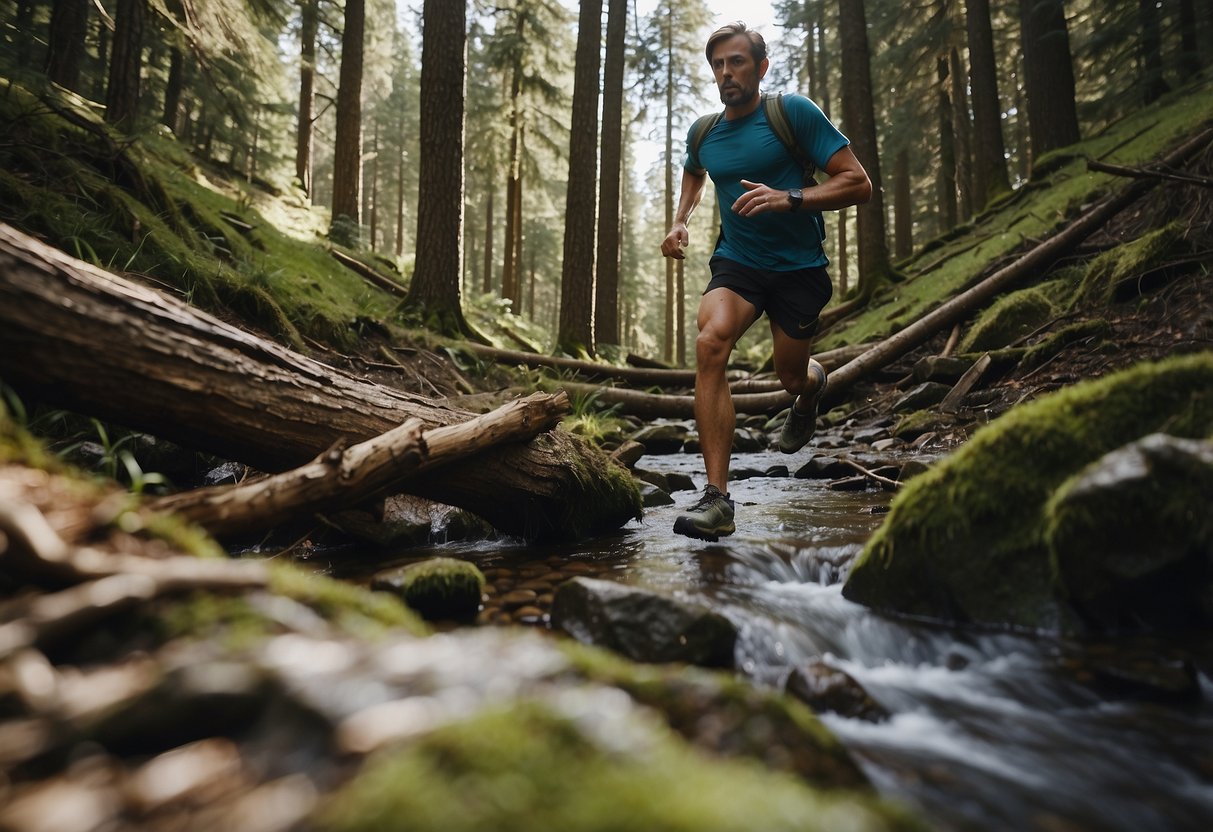 A trail runner encounters a steep incline, navigates around a fallen tree, and crosses a shallow stream while keeping an eye out for potential hazards