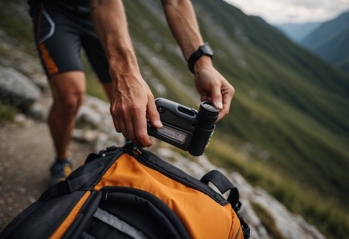 A trail runner's hand reaching into a backpack, pulling out an emergency whistle