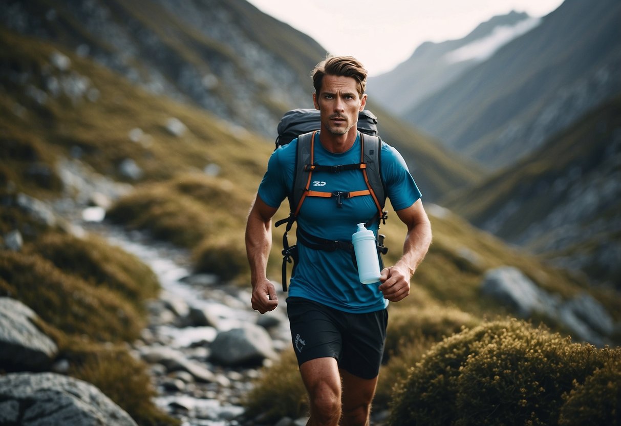 A trail runner carries a portable water filter while navigating through rugged terrain