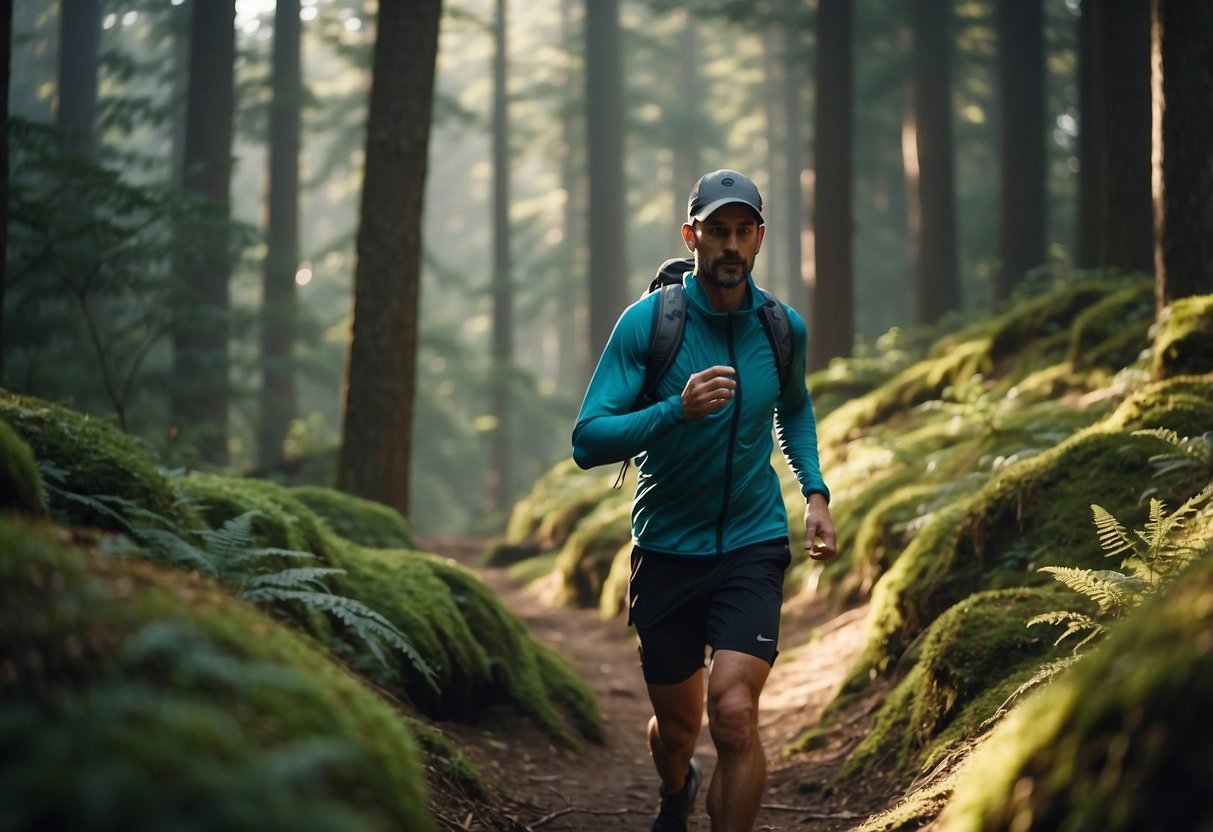 A trail runner activates a personal locator beacon in a dense forest