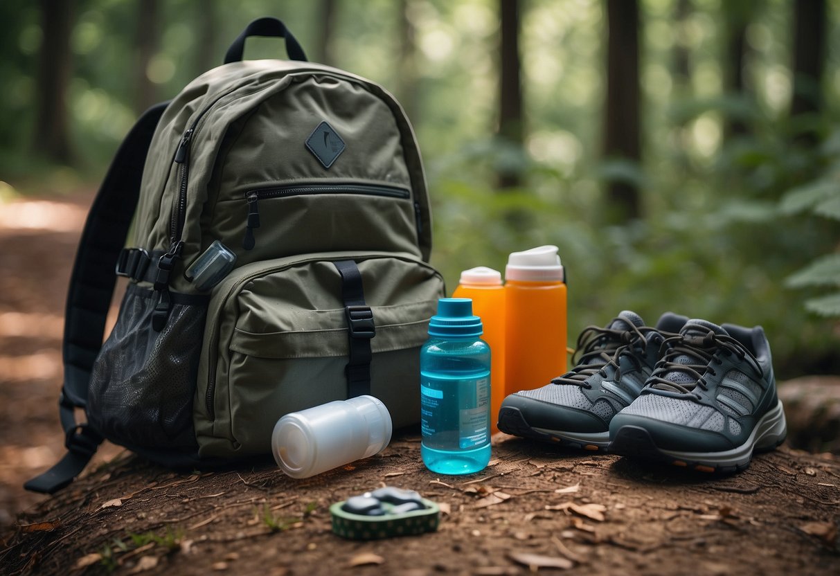 A backpack filled with high-energy snacks, water bottle, and first aid kit laid out on a trail with running shoes nearby