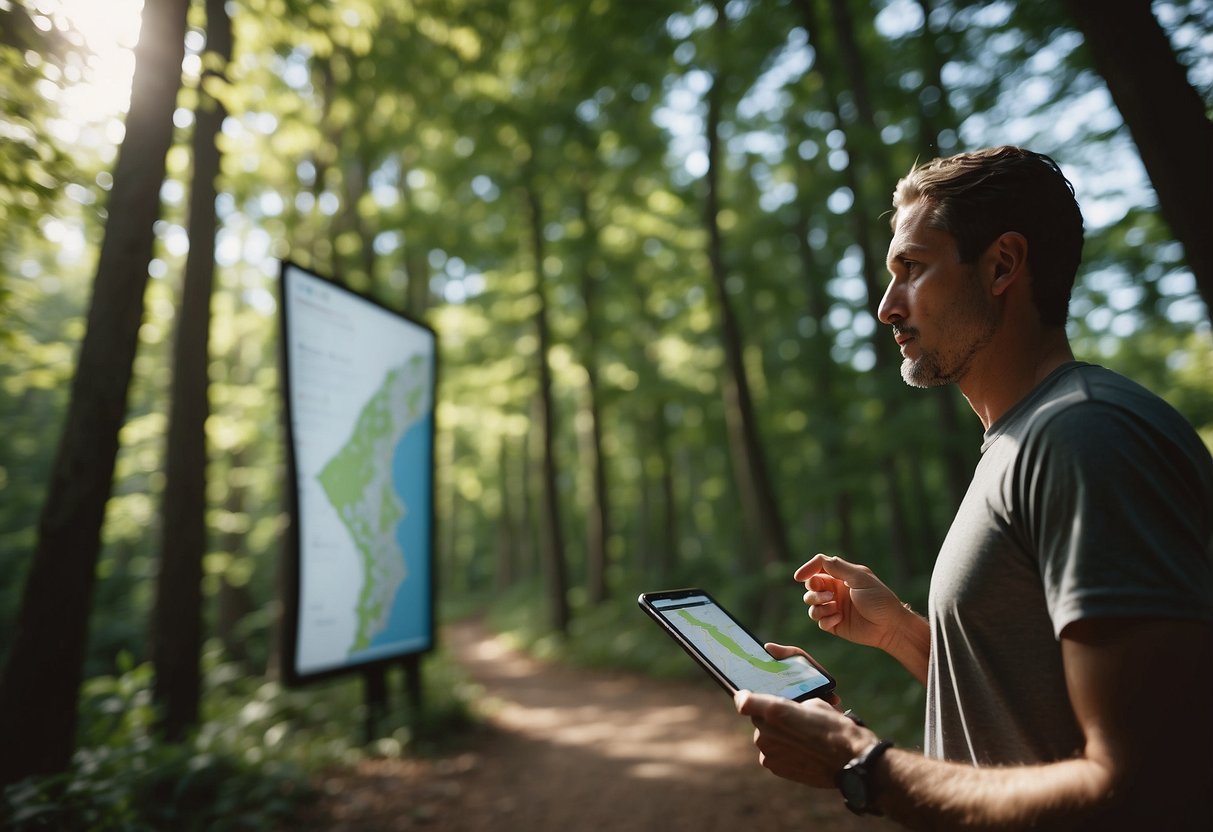 A runner accessing offline maps on a trail, surrounded by trees and nature, with a sense of urgency and preparedness for potential emergencies