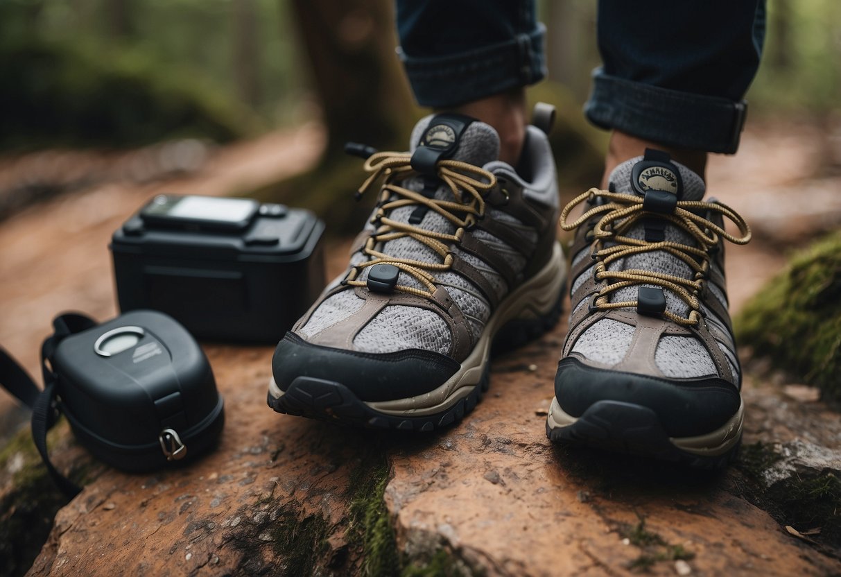 Trail shoes on rocky path, emergency kit nearby