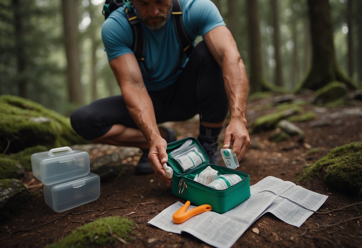 A trail runner uses a first aid kit to treat a twisted ankle. They signal for help with a whistle and use a map to communicate their location to emergency responders