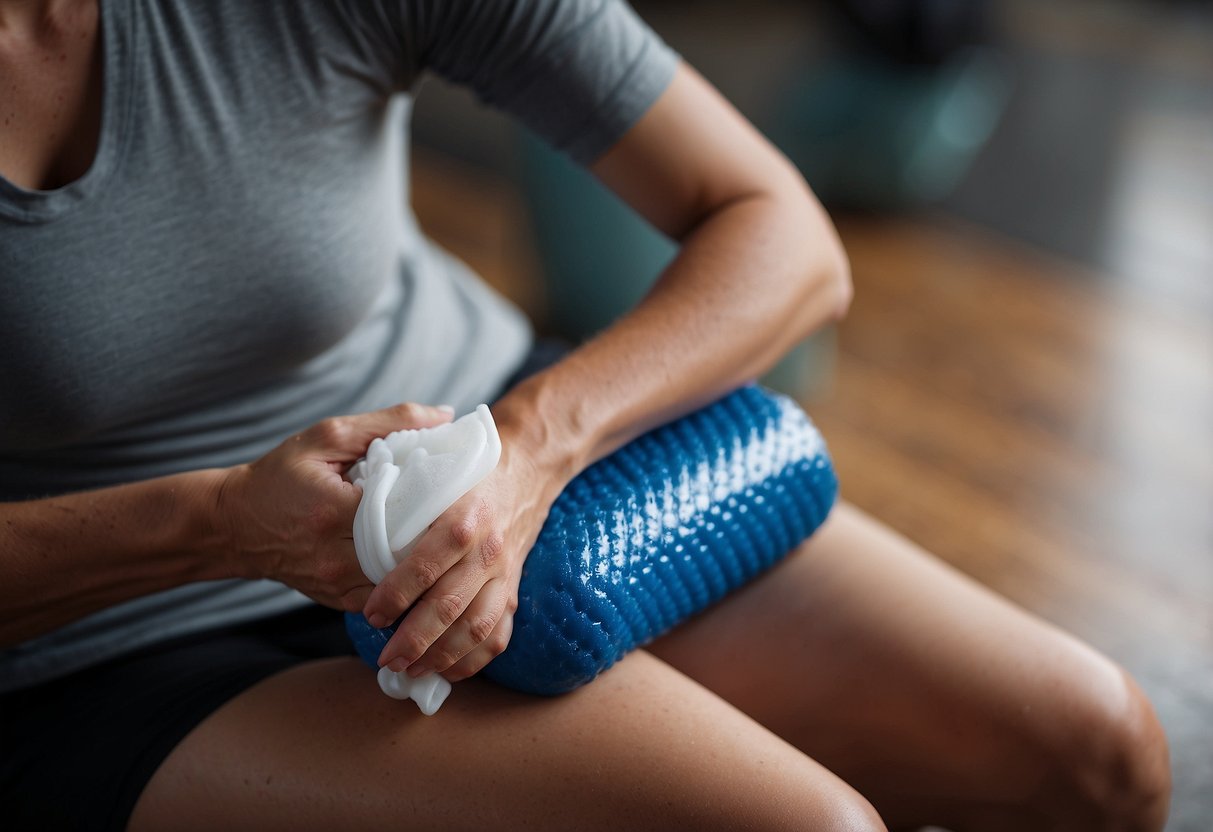 A person applying ice pack to sore muscles. Stretching, massaging, and using foam roller. Resting and hydrating