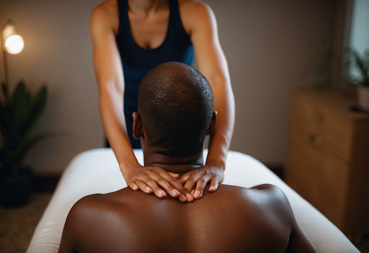 A person lying on a massage table, with a serene expression on their face. A massage therapist's hands are seen applying pressure to the client's back