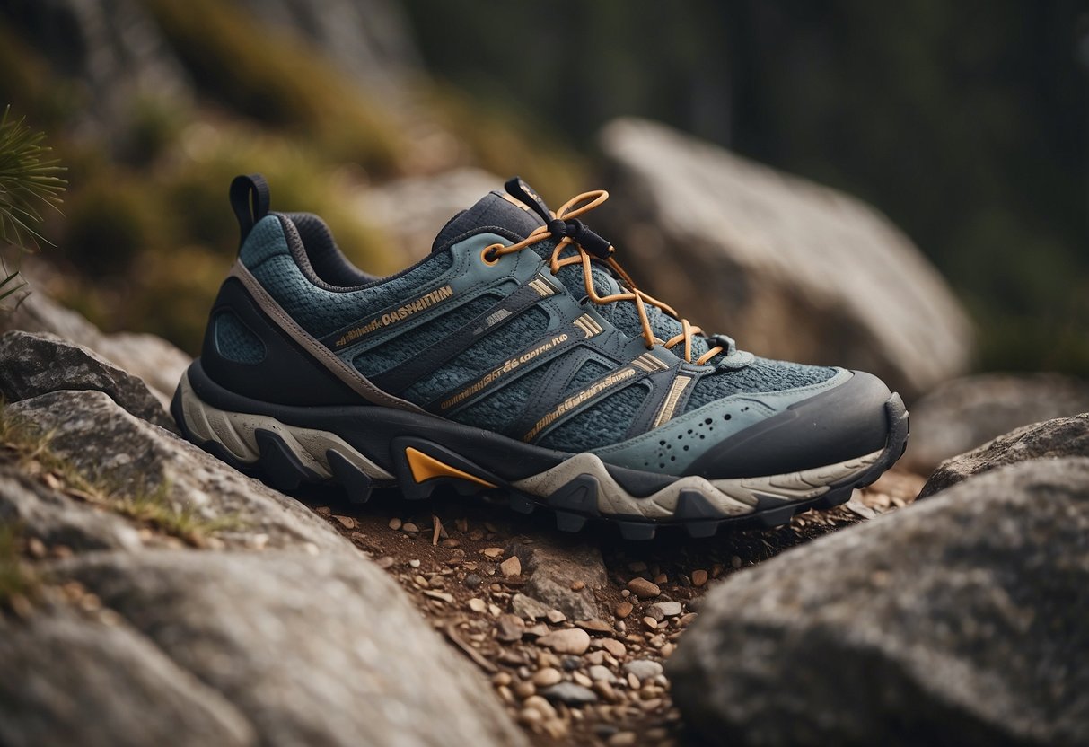 Trail running shoes arranged on rocky terrain, surrounded by rugged rocks and uneven ground. Each shoe is positioned to showcase its unique features