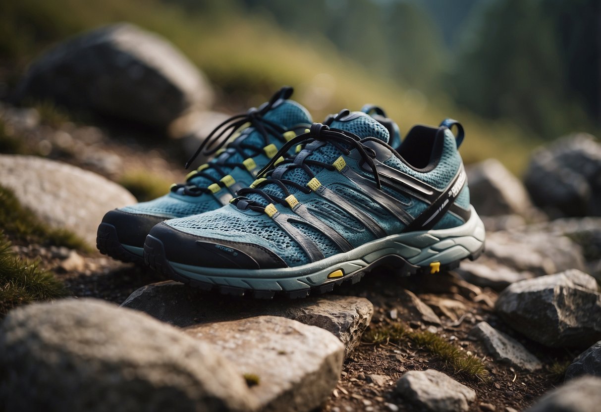 Trail running shoes displayed on rocky terrain, featuring durable soles, reinforced toe caps, and breathable uppers. Top 5 shoes highlighted