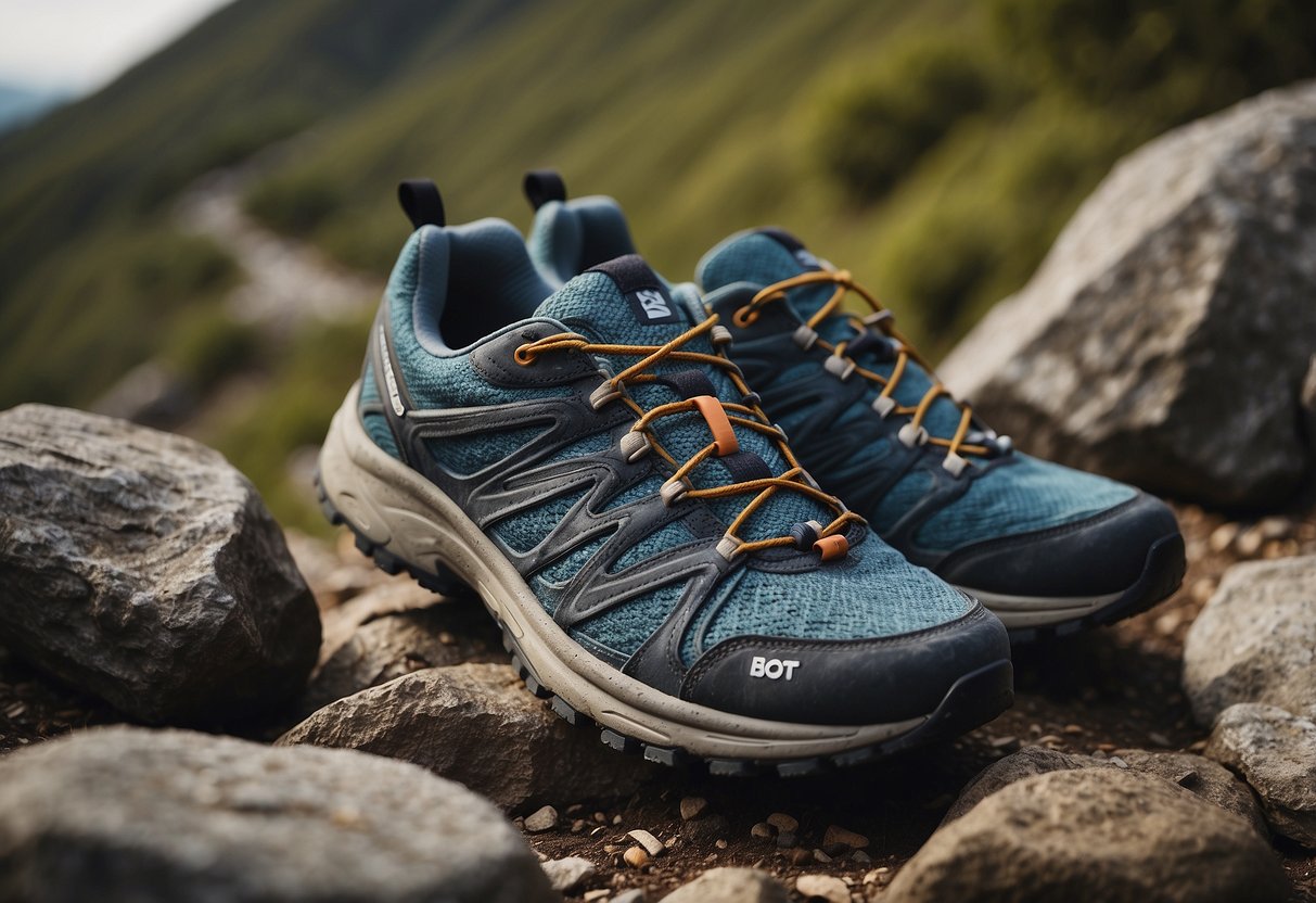 Trail running shoes arranged neatly on a rocky terrain, with a brush and cleaning supplies nearby. A hand-drawn maintenance guide is placed next to the shoes