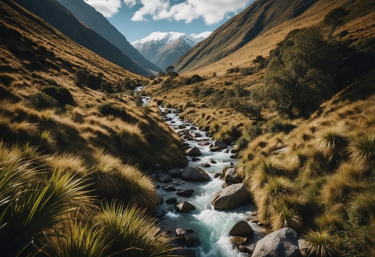 A rugged mountain landscape with winding trails, lush forests, and cascading waterfalls in New Zealand's top trail running destinations