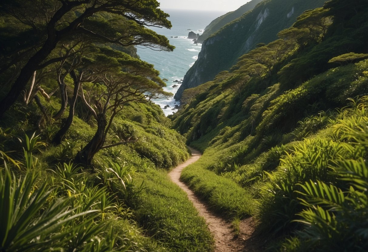 A winding trail cuts through lush, green forests with glimpses of the sparkling ocean. Rocky cliffs and rolling hills provide a challenging yet breathtaking route for trail runners