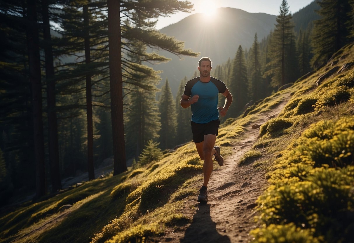 A runner traverses a rugged trail, surrounded by dense forest and distant mountains. The sun casts long shadows, as the runner navigates the remote terrain with caution