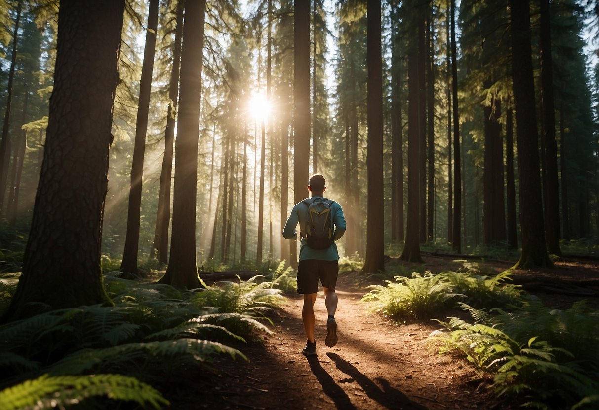 A runner stands at a fork in a trail, surrounded by dense forest. A map and compass are in hand, with various route options ahead. The sun casts dappled light through the trees, creating patches of shadow and sunlight on the ground