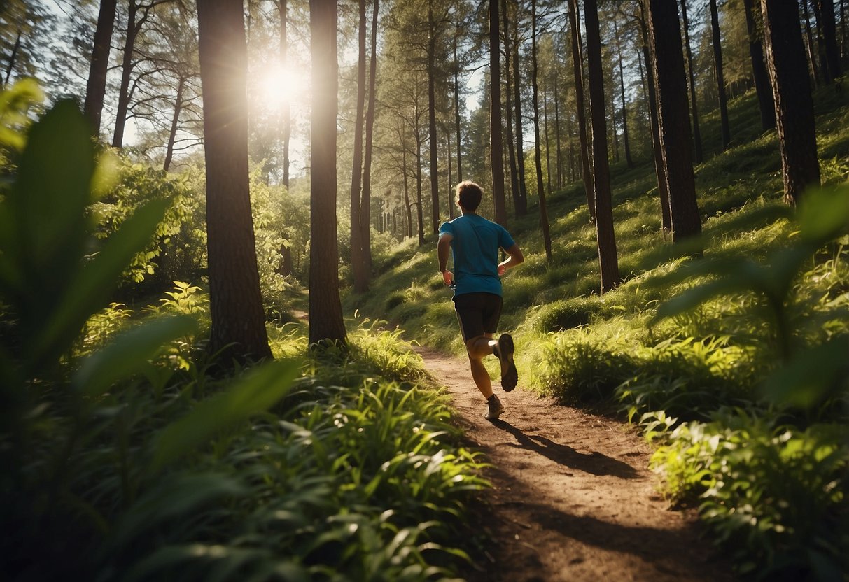 Brightly clad figure runs through remote landscape, surrounded by lush greenery and rugged terrain. Sunlight filters through the trees, casting dappled shadows on the ground