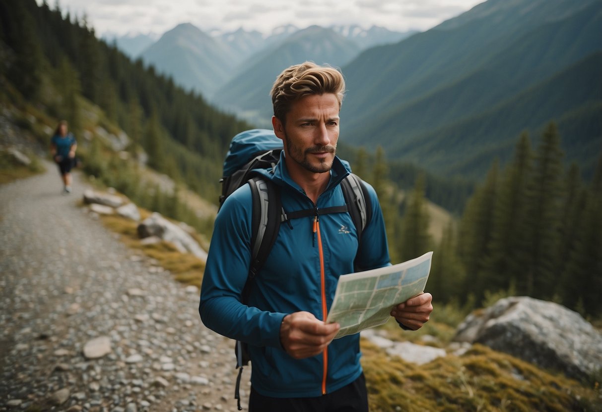 A runner holds a map or GPS device while standing in a remote area surrounded by mountains and trees