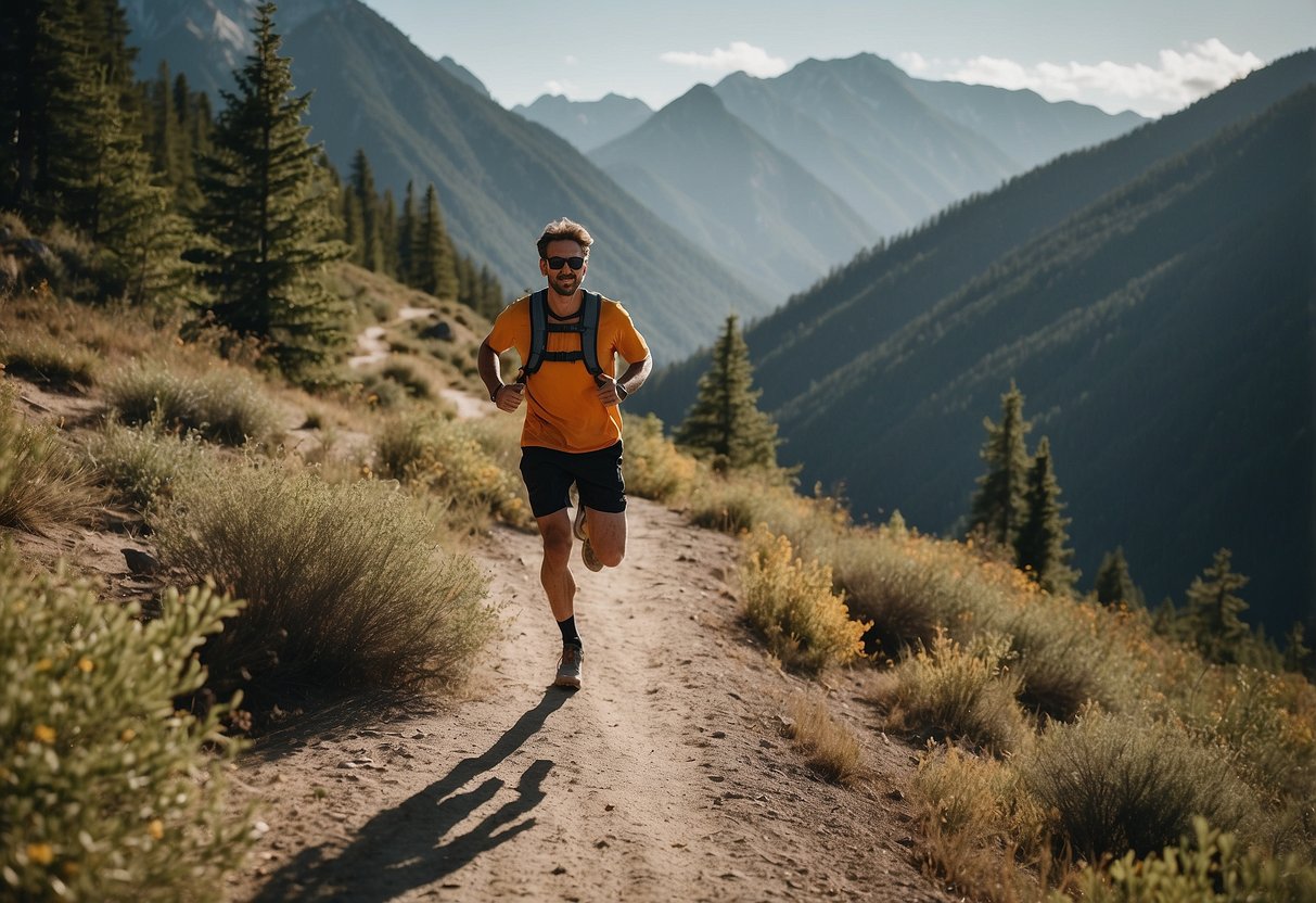 A person running on a trail in a remote area, carrying a whistle for safety. The landscape includes trees, mountains, and a clear sky