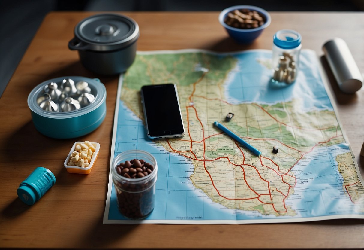 A runner's map with highlighted route, water bottle, energy snacks, phone, and emergency whistle laid out on a table