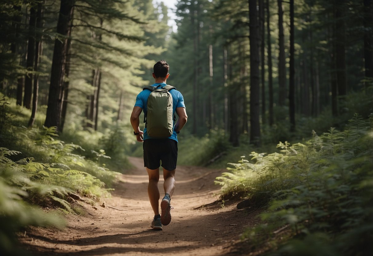 A runner in a remote area, carrying a First Aid Kit, surrounded by trees and a trail