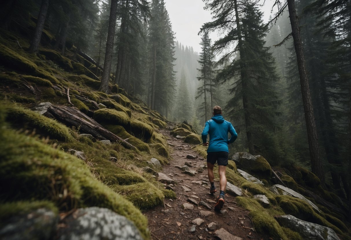 A lone runner navigates rugged trails, surrounded by dense forests and steep inclines. The terrain is rocky and uneven, with occasional streams and fallen trees