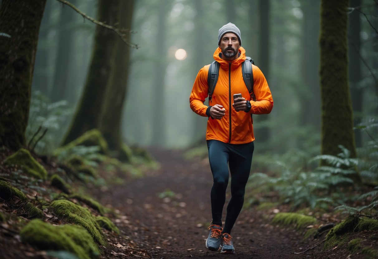 A runner follows a trail through a dense forest, carrying a whistle and wearing bright, reflective clothing. They carry a map and a fully charged phone, and periodically check their surroundings for potential hazards