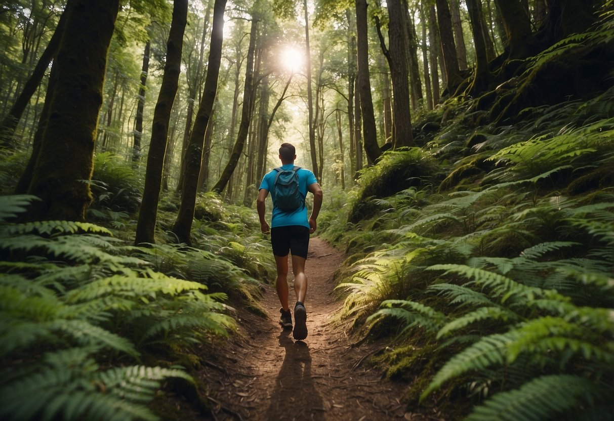 A runner follows a narrow trail through a dense forest, surrounded by towering trees and lush greenery. The path winds through the remote wilderness, with no signs of civilization in sight