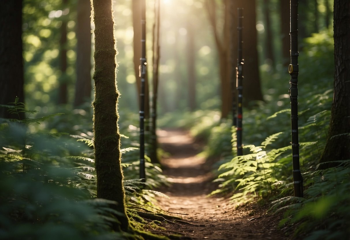 A trail winds through a lush forest, sunlight filtering through the trees. Five lightweight running poles are propped against a tree, ready for use