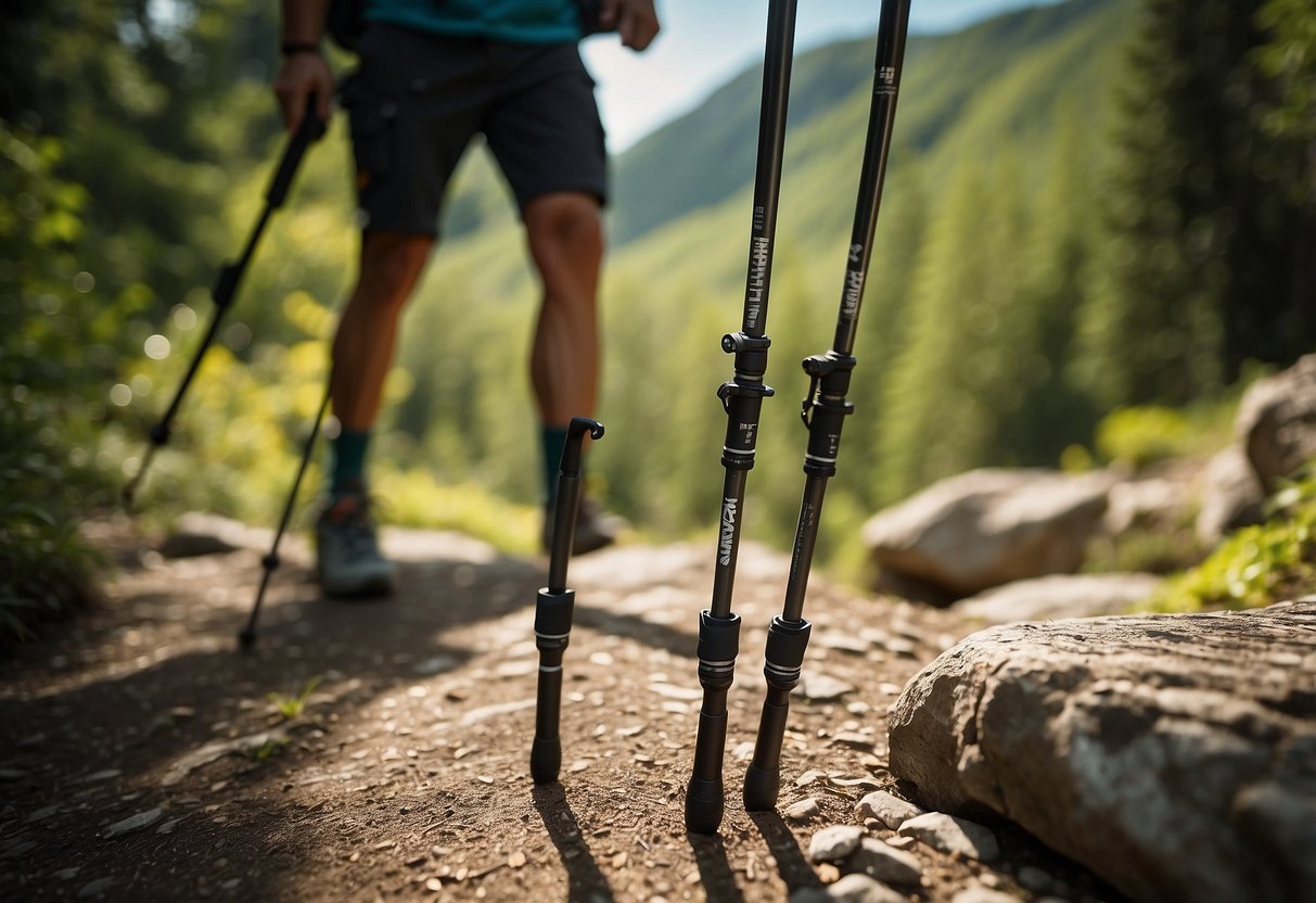 Two Montem Ultra Light Carbon Fiber Trekking Poles stand on a rugged trail, surrounded by lush greenery and rocky terrain. The sun shines down, casting long shadows across the ground