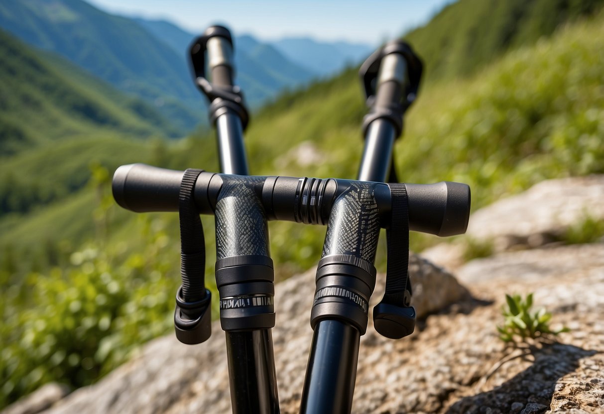 A pair of carbon fiber trekking poles are planted firmly in the ground, surrounded by a scenic trail with lush greenery and a clear blue sky