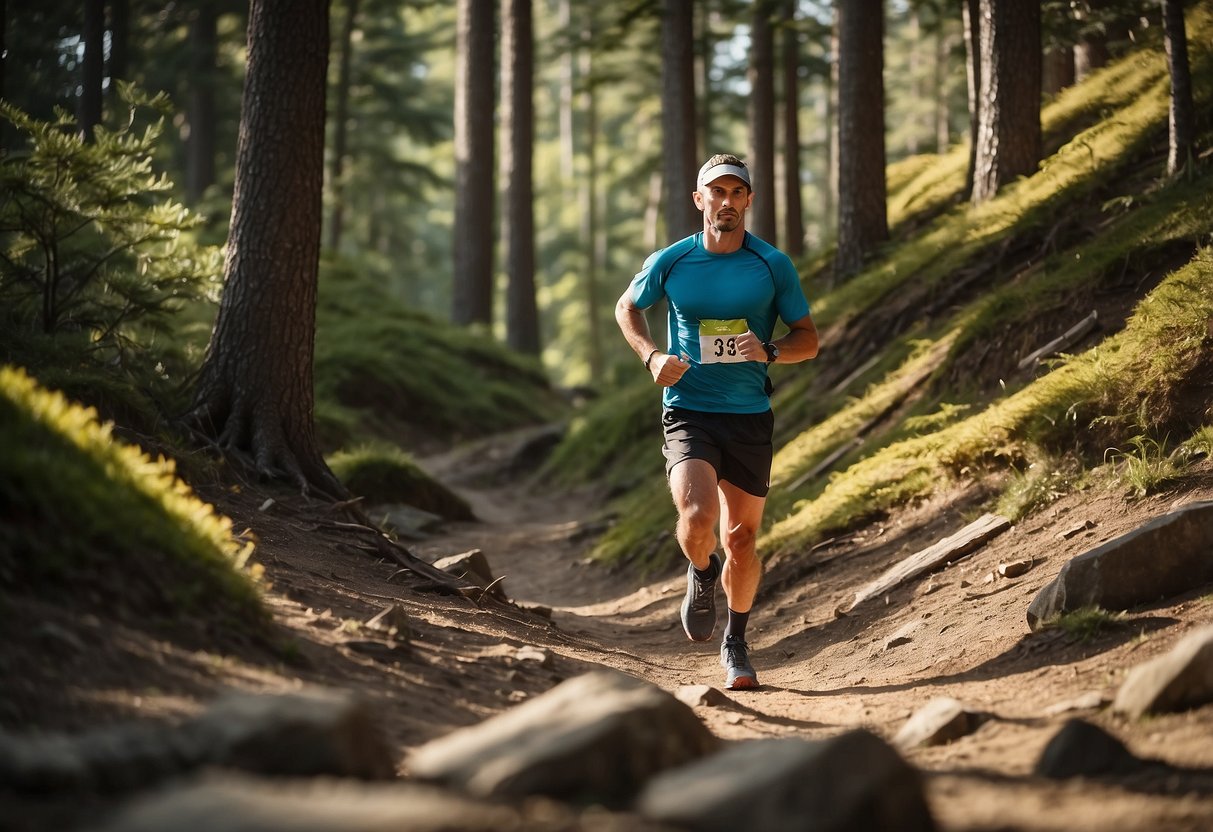 A runner effortlessly navigates a rugged trail with lightweight poles, enhancing stability and speed. The poles are compact, durable, and designed for quick deployment