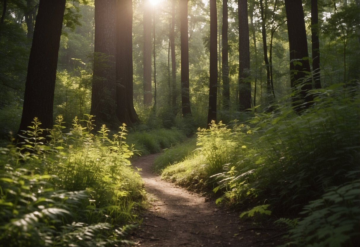 Trail winds through lush forest, sunlight filtering through canopy. Birds chirp, leaves rustle. Stream gurgles nearby. Wildflowers dot the path. Trees tower overhead