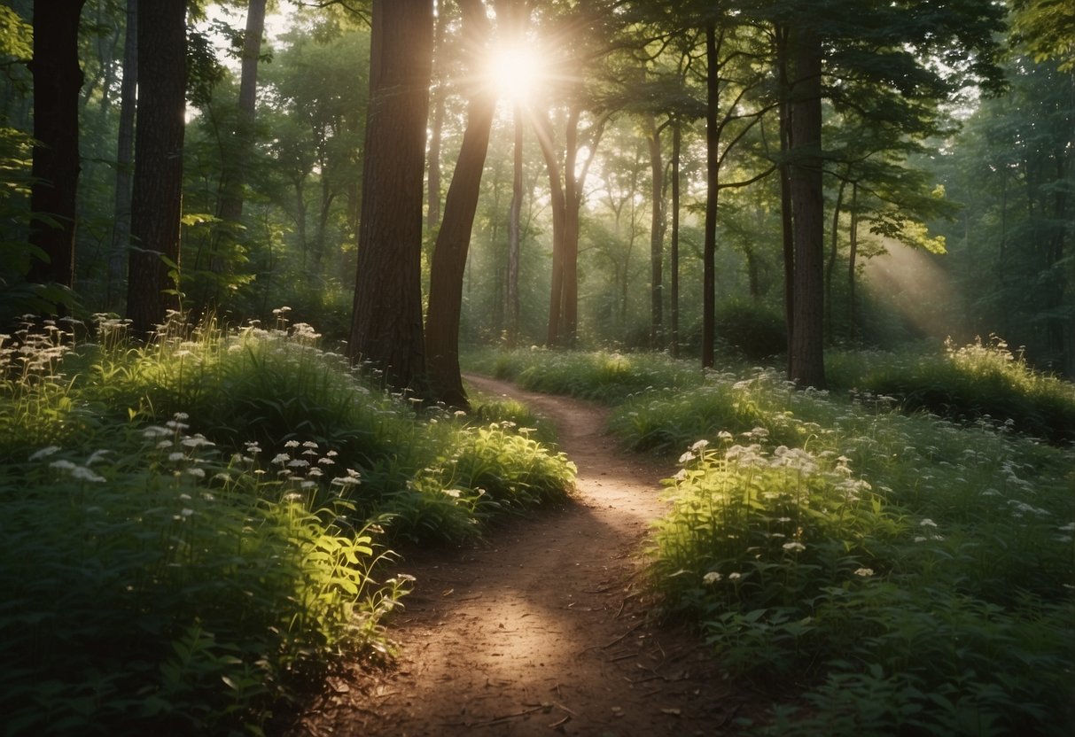 A winding trail cuts through a lush forest, sunlight filtering through the canopy. Trees stand tall, their leaves rustling in the gentle breeze. Wildflowers line the path, adding pops of color to the serene landscape