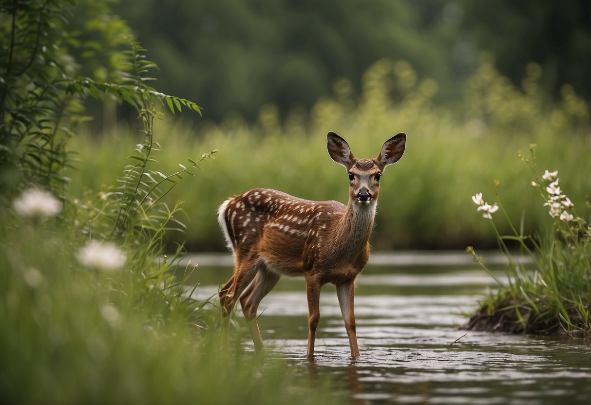 Animals in natural setting: deer grazing, birds flying, squirrels climbing trees, rabbits hopping, butterflies fluttering, foxes prowling, turtles sunbathing, fish swimming, insects buzzing, and frogs croaking by a stream