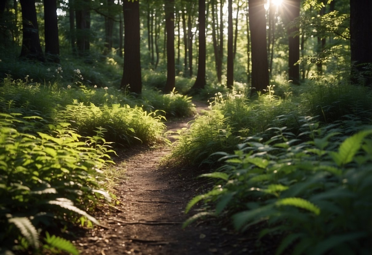 Lush green foliage lines the trail, vibrant flowers peek through the underbrush, and the sun filters through the leaves, casting dappled shadows on the forest floor