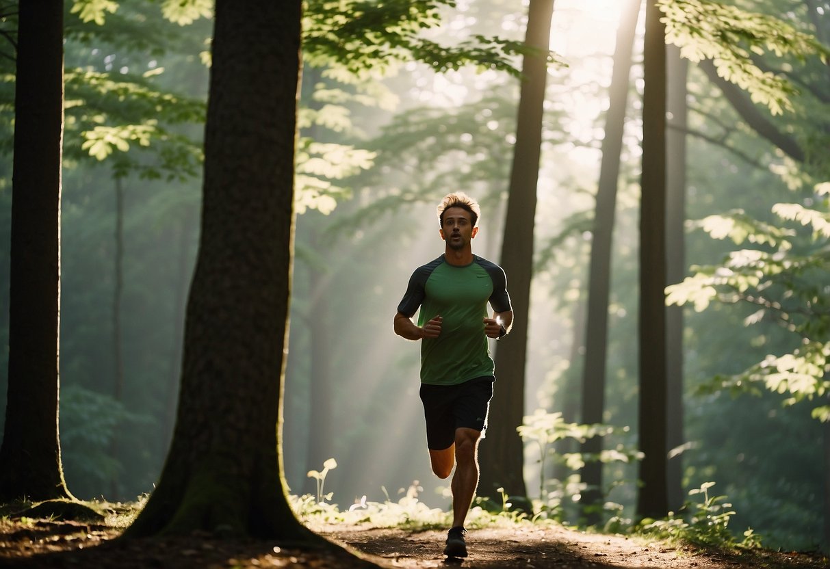 A runner breathes deeply in a serene forest, surrounded by towering trees, chirping birds, and babbling streams. The air is crisp, and the sunlight filters through the leaves, creating a peaceful and rejuvenating atmosphere