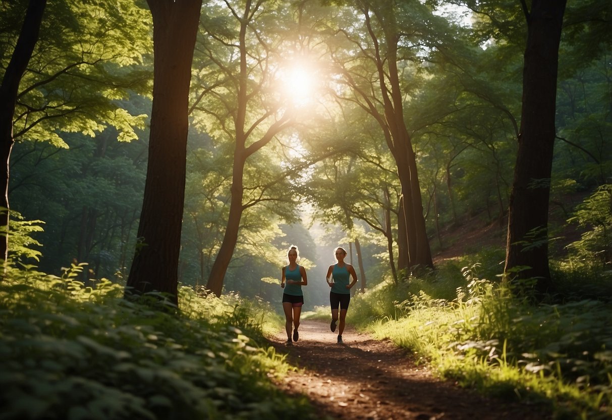 Two friends trail run through a lush forest, surrounded by towering trees and a winding path. Sunlight filters through the leaves, casting dappled shadows on the ground. Birds chirp and a gentle breeze rustles the leaves, creating a serene and