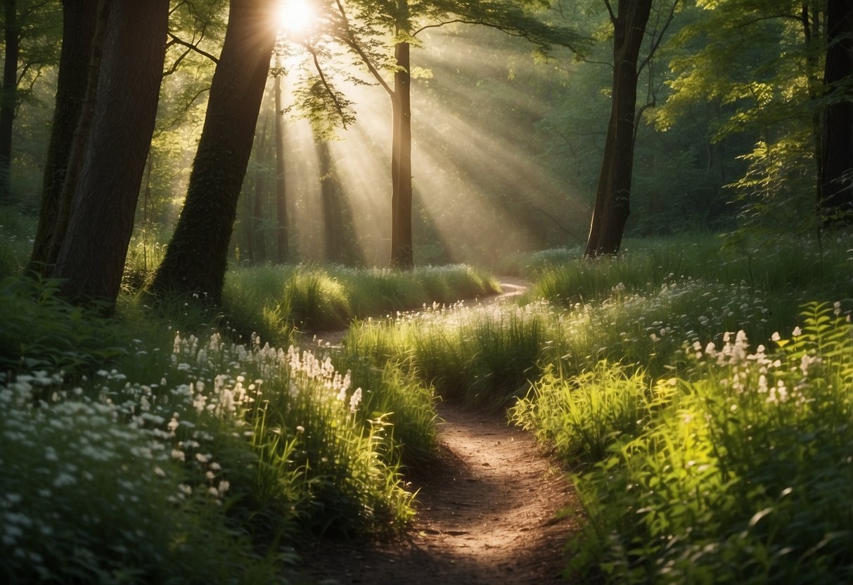 A winding trail cuts through a lush forest, with sunlight filtering through the canopy. Wildflowers line the path, and a gentle stream trickles beside it. Birds flit through the trees, and a deer pauses to drink from the stream