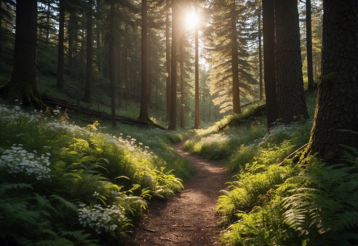 A trail winds through a lush forest, sunlight filtering through the canopy. Fallen leaves, pinecones, and wildflowers dot the path. A small stream gurgles nearby, offering a peaceful soundtrack to the serene setting