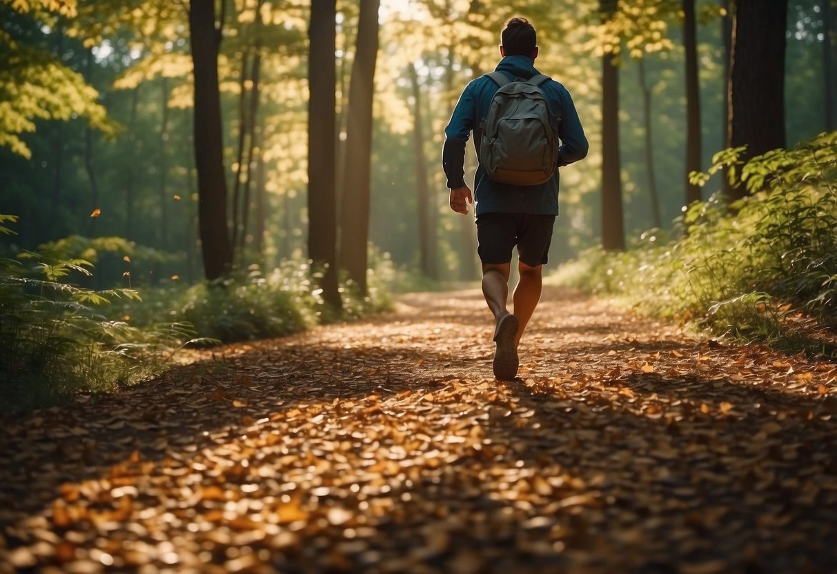 A figure runs barefoot on a soft forest trail, surrounded by lush greenery and dappled sunlight filtering through the trees. The ground is covered in a carpet of fallen leaves, and the air is filled with the sounds of birds and rustling